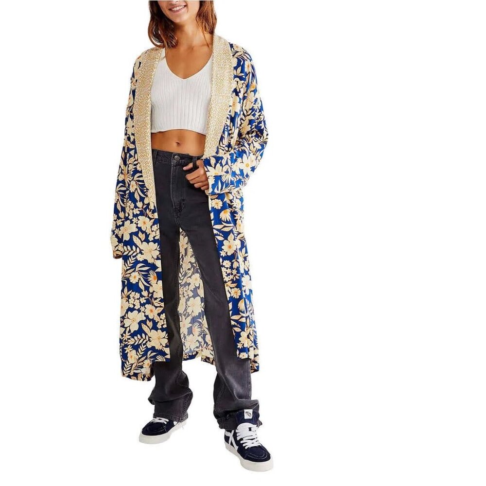 Free People Navy and Beige Floral Kimono